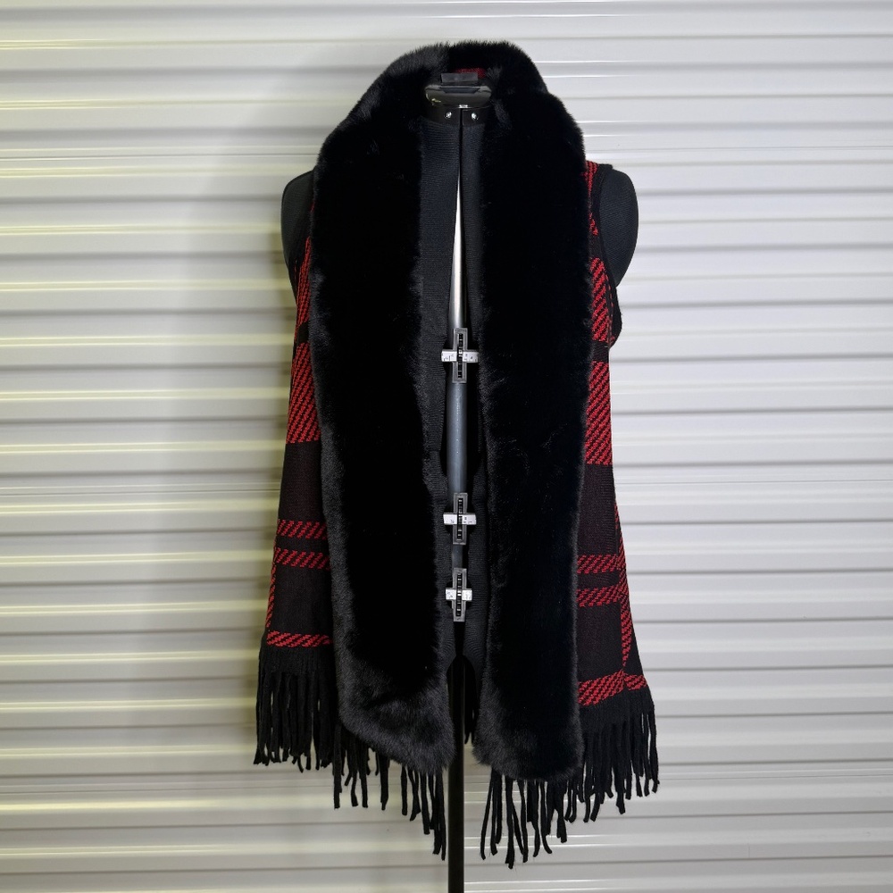 Ali Miles Plaid Open Front Fringe Faux Fur Cozy Fall Winter Cardigan Size 1X